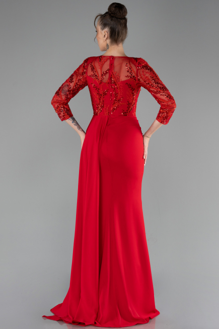 Red Embroidered Capri Sleeve Slit Chiffon Evening Gown ABU4293