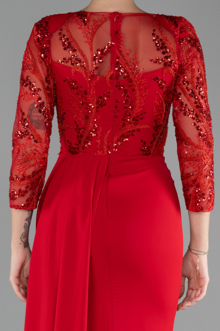 Red Embroidered Capri Sleeve Slit Chiffon Evening Gown ABU4293