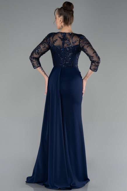 Navy Blue Embroidered Capri Sleeve Slit Chiffon Evening Gown ABU4293