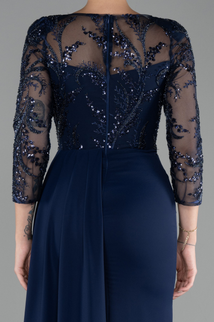 Navy Blue Embroidered Capri Sleeve Slit Chiffon Evening Gown ABU4293