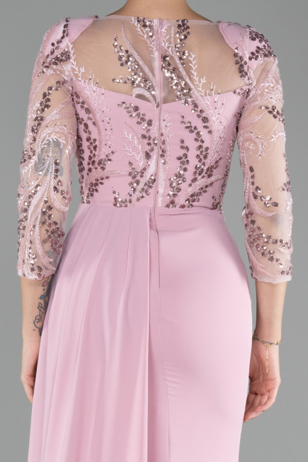 Powder Color Embroidered Capri Sleeve Slit Chiffon Evening Gown ABU4293