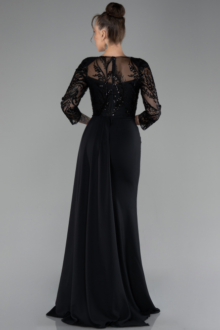 Black Embroidered Capri Sleeve Slit Chiffon Evening Gown ABU4293