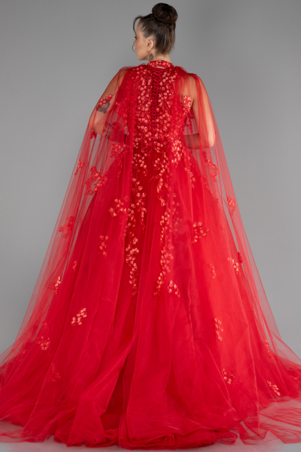 Red Cape Halter Neckline Long Haute Couture Dress ABU4289