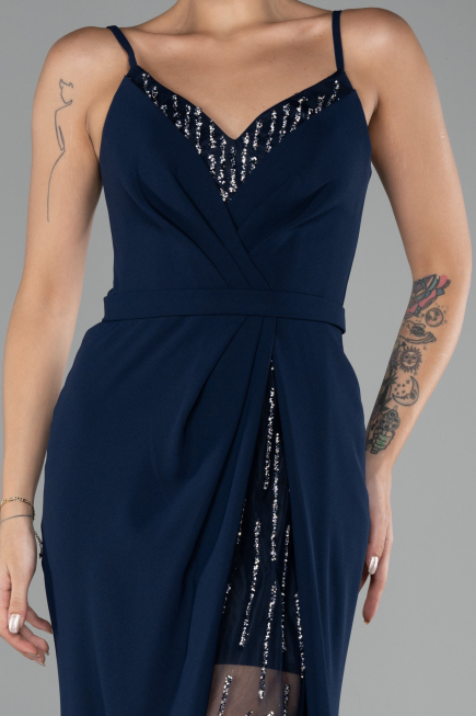 Navy Blue Straps Long Evening Gown ABU4299