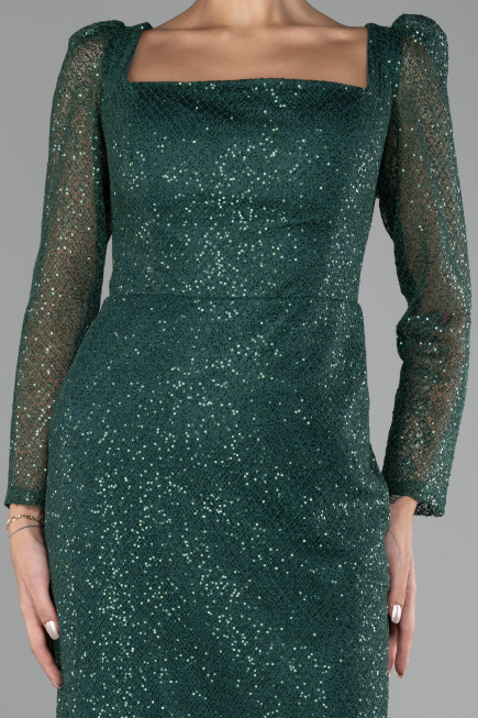 Emerald Green Long Sleeve Sequin Midi Plus Size Evening Dress ABK2138