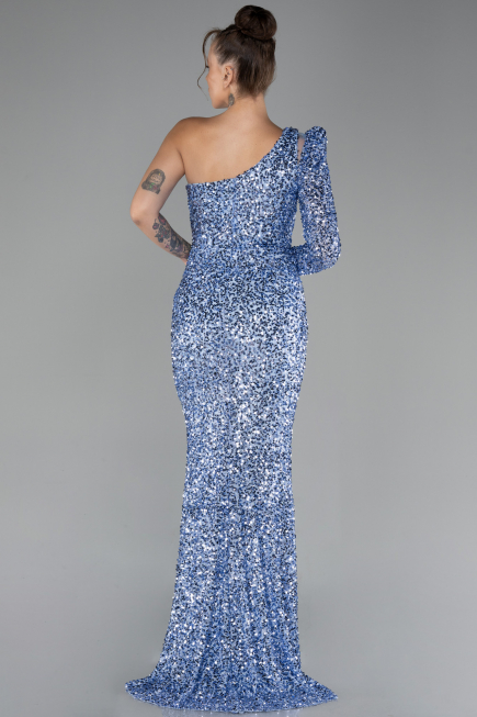 Indigo Single Sleeve Slit Long Sequined Evening Gown ABU4302