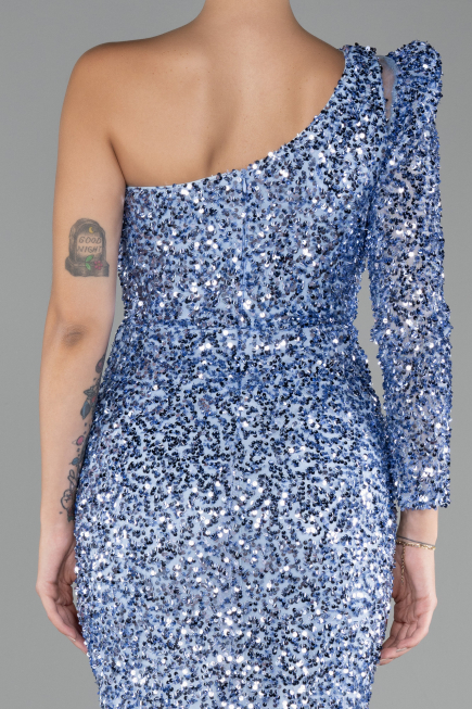 Indigo Single Sleeve Slit Long Sequined Evening Gown ABU4302