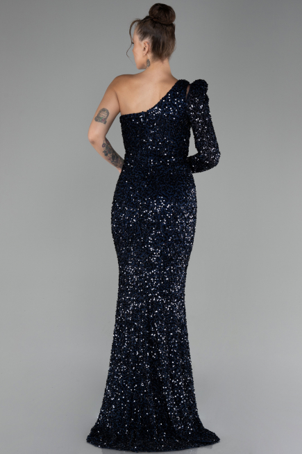 Navy Blue Single Sleeve Slit Long Sequined Evening Gown ABU4302