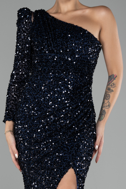Navy Blue Single Sleeve Slit Long Sequined Evening Gown ABU4302