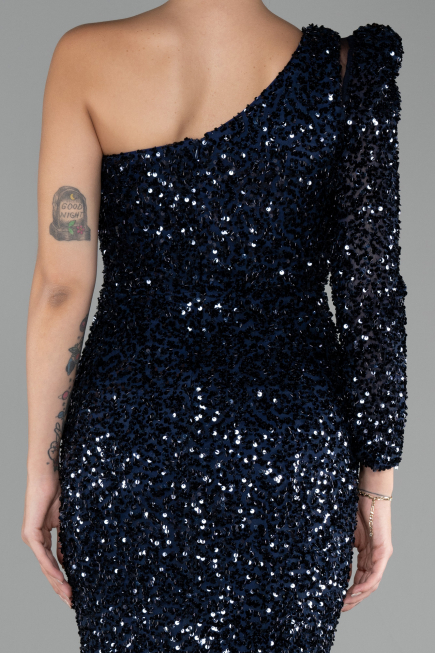 Navy Blue Single Sleeve Slit Long Sequined Evening Gown ABU4302