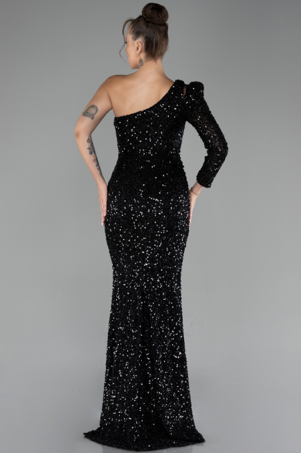 Black Single Sleeve Slit Long Sequined Evening Gown ABU4302