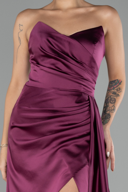 Cherry Colored Strapless Slit Long Satin Prom Gown ABU4093
