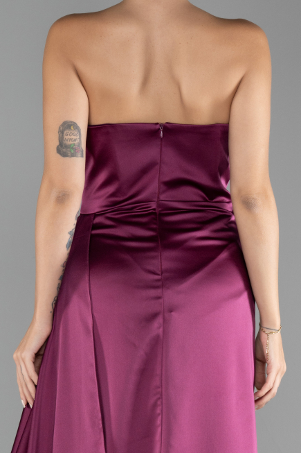 Cherry Colored Strapless Slit Long Satin Prom Gown ABU4093
