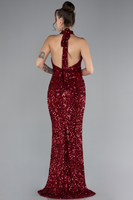 Burgundy Halter Neck Slit Long Scaly Evening Gown ABU4306