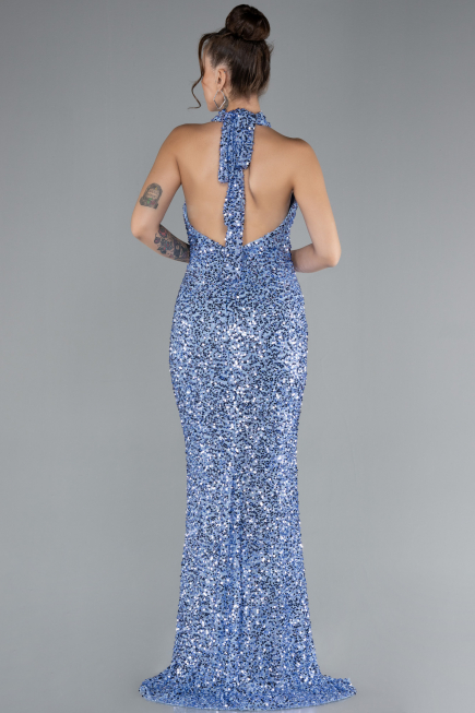 Indigo Halter Neck Slit Long Scaly Evening Gown ABU4306