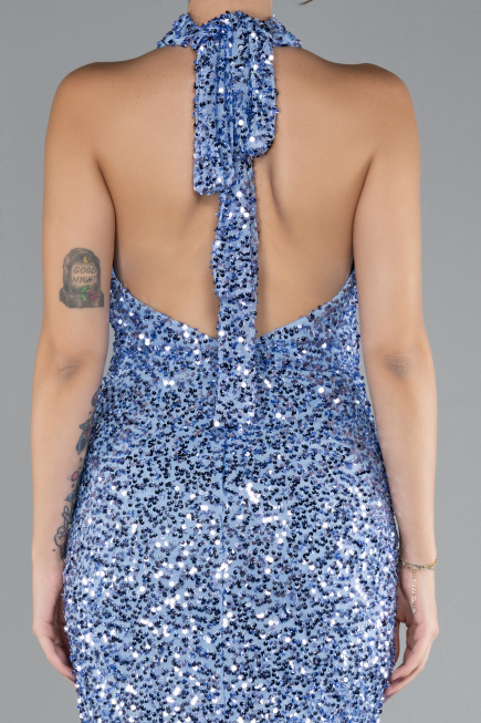 Indigo Halter Neck Slit Long Scaly Evening Gown ABU4306