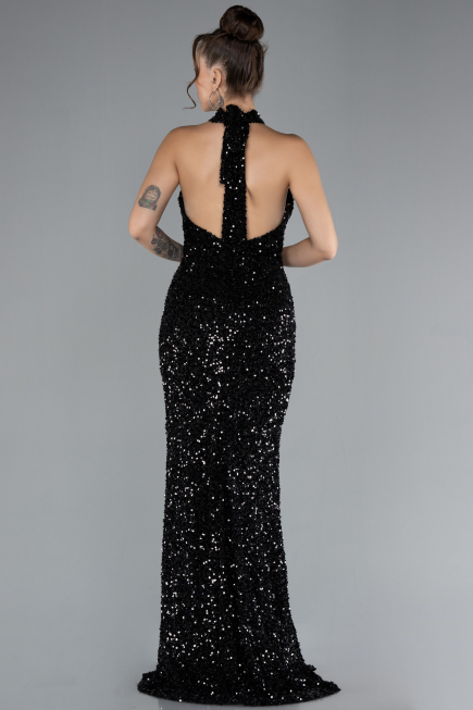 Black Halter Neck Slit Long Scaly Evening Gown ABU4306