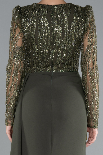 Olive Drab Stoned Long Sleeve Slit Evening Gown ABU4310