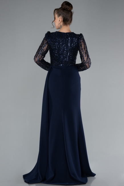Navy Blue Stoned Long Sleeve Slit Evening Gown ABU4310