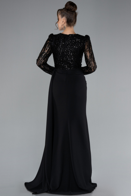 Black Stoned Long Sleeve Slit Evening Gown ABU4310