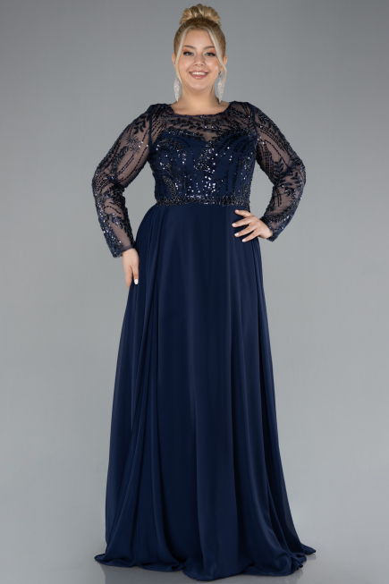 Navy Blue Embroidered Long Sleeve Chiffon Plus Size Evening Gown ABU4312
