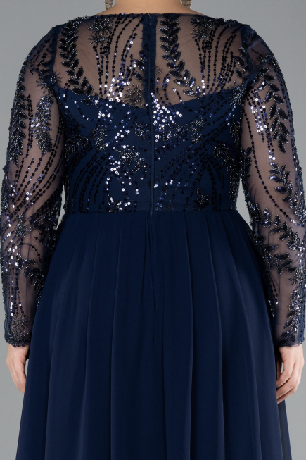 Navy Blue Embroidered Long Sleeve Chiffon Plus Size Evening Gown ABU4312