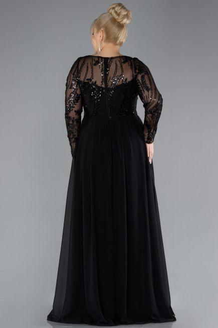 Black Embroidered Long Sleeve Chiffon Plus Size Evening Gown ABU4312