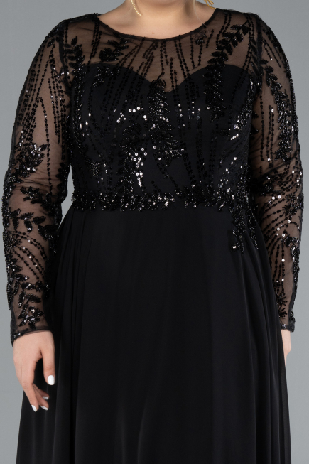 Black Embroidered Long Sleeve Chiffon Plus Size Evening Gown ABU4312