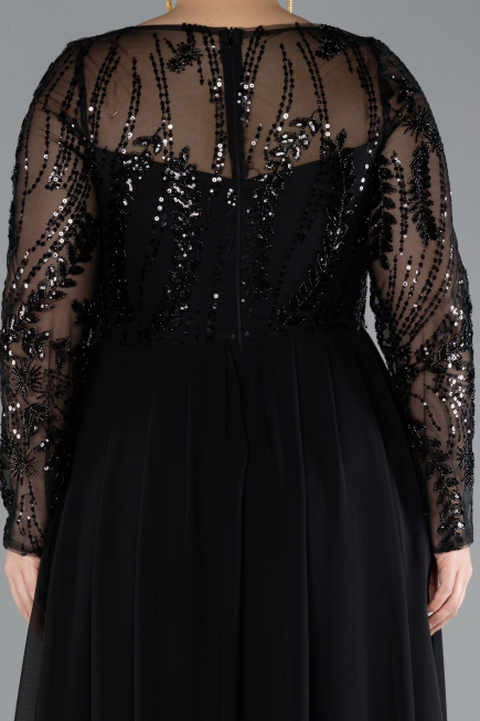 Black Embroidered Long Sleeve Chiffon Plus Size Evening Gown ABU4312