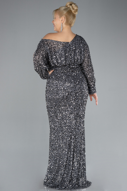 Anthracite Slit Long Sleeve Scaly Plus Size Evening Gown ABU4313