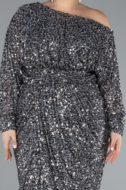 Anthracite Slit Long Sleeve Scaly Plus Size Evening Gown ABU4313