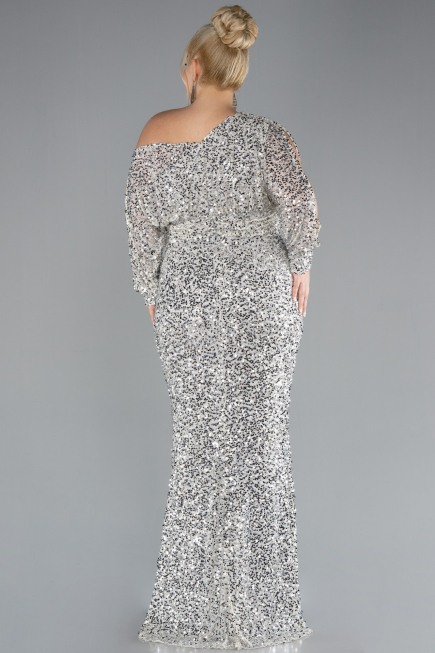 Beige Slit Long Sleeve Scaly Plus Size Evening Gown ABU4313