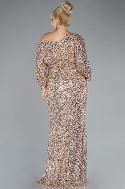 Gold Slit Long Sleeve Scaly Plus Size Evening Gown ABU4313