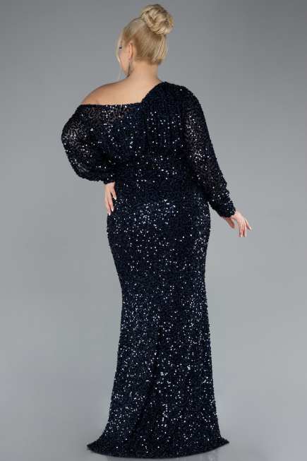 Navy Blue Slit Long Sleeve Scaly Plus Size Evening Gown ABU4313