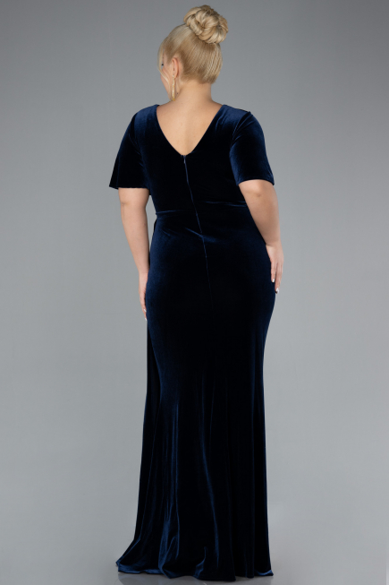 Navy Blue Short Sleeve Slit Long Velvet Plus Size Evening Dress ABU4317