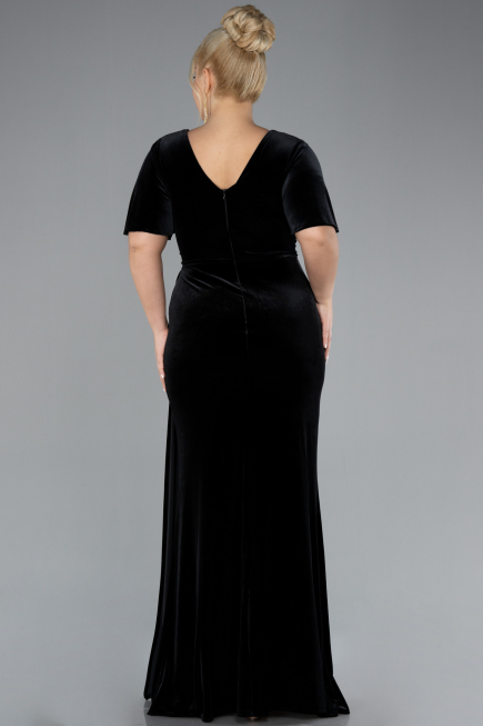 Black Short Sleeve Slit Long Velvet Plus Size Evening Dress ABU4317
