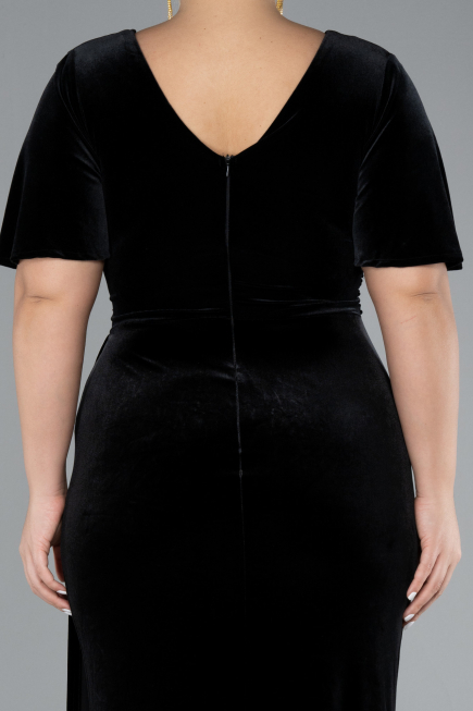Black Short Sleeve Slit Long Velvet Plus Size Evening Dress ABU4317