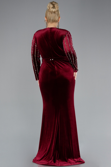 Burgundy Stoned Long Sleeve Velvet Oversized Evening Dress ABU4277
