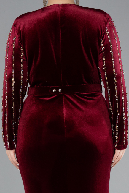 Burgundy Stoned Long Sleeve Velvet Oversized Evening Dress ABU4277