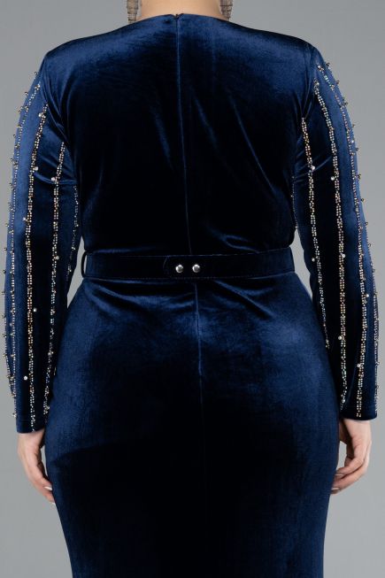 Navy Blue Stoned Long Sleeve Velvet Oversized Evening Dress ABU4277