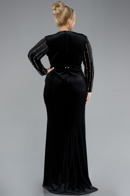 Black Stoned Long Sleeve Velvet Oversized Evening Dress ABU4277