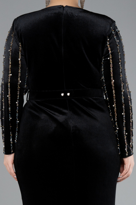 Black Stoned Long Sleeve Velvet Oversized Evening Dress ABU4277