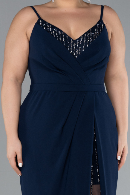 Navy Blue Straps Long Plus Size Evening Gown ABU4300