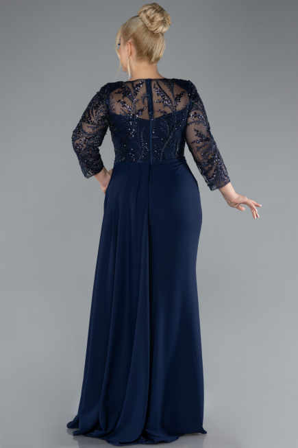 Navy Blue Stoned Capri Sleeve Slit Chiffon Plus Size Evening Gown ABU4294
