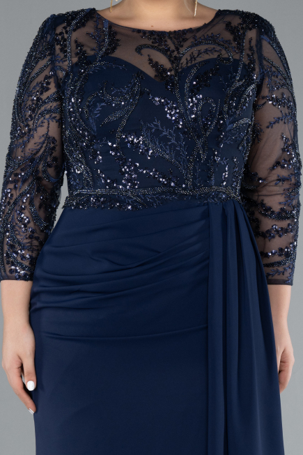 Navy Blue Stoned Capri Sleeve Slit Chiffon Plus Size Evening Gown ABU4294