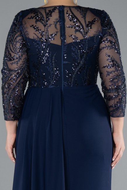 Navy Blue Stoned Capri Sleeve Slit Chiffon Plus Size Evening Gown ABU4294