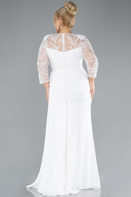 White Stoned Capri Sleeve Slit Chiffon Plus Size Evening Gown ABU4294