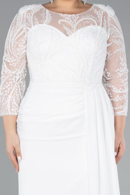 White Stoned Capri Sleeve Slit Chiffon Plus Size Evening Gown ABU4294