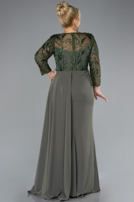 Olive Drab Stoned Capri Sleeve Slit Chiffon Plus Size Evening Gown ABU4294