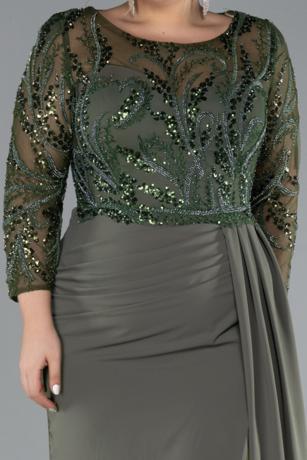 Olive Drab Stoned Capri Sleeve Slit Chiffon Plus Size Evening Gown ABU4294
